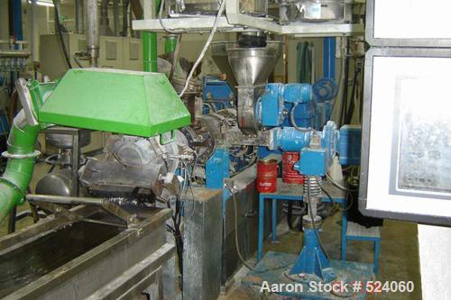 USED: Berstoff twin screw extruder, type ZE60 x 33D. 60 mm screws. 28:1 L/D, side by side, co-rotating, electrically heated, water cooled. Screw speed 400 rpm by a 142.5 hp/95 kW - 460 volt/50 cycle/...