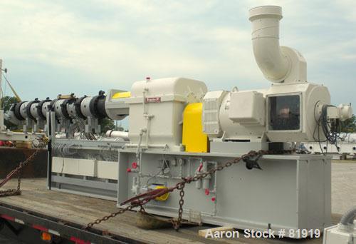 Used Berstorff Twin Screw Extrusion System consisting of: (1) Berstorff 60 mm twin screw extruder, model ZE60A35, approximate 30:1 L/D ratio, side by side co-rotating screws, (7) barrel zones, electr...