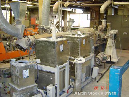 Used Berstorff Twin Screw Extrusion System consisting of: (1) Berstorff 60 mm twin screw extruder, model ZE60A35, approximate 30:1 L/D ratio, side by side co-rotating screws, (7) barrel zones, electr...