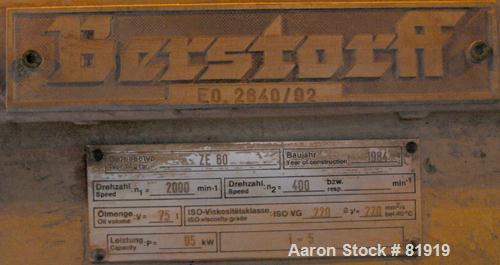Used Berstorff Twin Screw Extrusion System consisting of: (1) Berstorff 60 mm twin screw extruder, model ZE60A35, approximate 30:1 L/D ratio, side by side co-rotating screws, (7) barrel zones, electr...