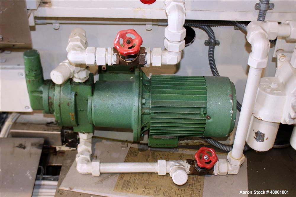 Used Berstorff 75mm Twin Screw Extruder, Model ZE75A. 4 barrel Zone electrically heated, water cooled system including pump and heat exchanger. Approximate 2.95" diameter  approx. 16:1 L/D Ratio,wate...