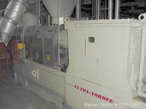 Used Berstorff Model ZE90AX31DUT Ultra Torque Co-Rotating Twin Screw Extruder having two 97mm diameter intermeshing screws with a 31:1 L/D ratio. Electrically heated, water cooled barrel consists of ...