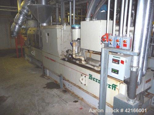 Used Berstorff Model ZE90AX31DUT Ultra Torque Co-Rotating Twin Screw Extruder having two 97mm diameter intermeshing screws with a 31:1 L/D ratio. Electrically heated, water cooled barrel consists of ...
