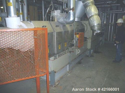 Used Berstorff Model ZE90AX31DUT Ultra Torque Co-Rotating Twin Screw Extruder having two 97mm diameter intermeshing screws with a 31:1 L/D ratio. Electrically heated, water cooled barrel consists of ...