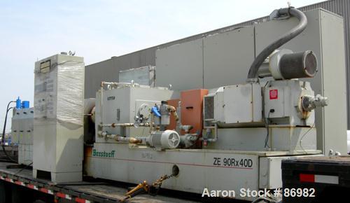 Used Berstorff Twin Screw Extruder, Model ZE90RX40D, 102 mm screw diameter. Approximate 40:1 L/D ratio. Co-rotating screw design. 7 zone electrically heated, water cooled barrel with pump, tank and h...