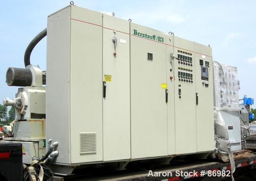 Used Berstorff Twin Screw Extruder, Model ZE90RX40D, 102 mm screw diameter. Approximate 40:1 L/D ratio. Co-rotating screw design. 7 zone electrically heated, water cooled barrel with pump, tank and h...
