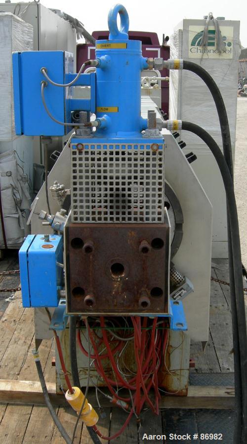 Used Berstorff Twin Screw Extruder, Model ZE90RX40D, 102 mm screw diameter. Approximate 40:1 L/D ratio. Co-rotating screw design. 7 zone electrically heated, water cooled barrel with pump, tank and h...