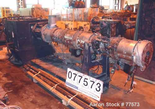 USED: Berstoff twin screw extruder, type ZE90. 28:1 L/D. Side by side.Capacity 1540 lbs (700 kgs) per hour. 3-1/4" diameter screws, barrel107" long. Co-rotating. Screw speed 350 rpm by a 525 hp/350 k...
