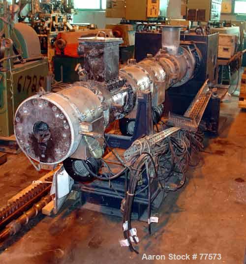 USED: Berstoff twin screw extruder, type ZE90. 28:1 L/D. Side by side.Capacity 1540 lbs (700 kgs) per hour. 3-1/4" diameter screws, barrel107" long. Co-rotating. Screw speed 350 rpm by a 525 hp/350 k...