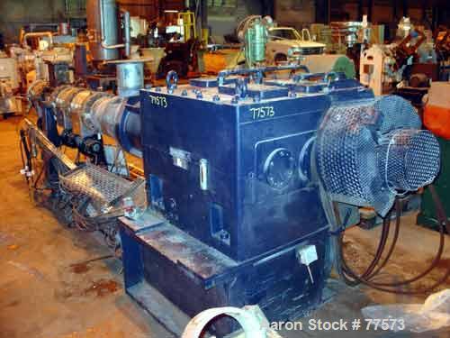 USED: Berstoff twin screw extruder, type ZE90. 28:1 L/D. Side by side.Capacity 1540 lbs (700 kgs) per hour. 3-1/4" diameter screws, barrel107" long. Co-rotating. Screw speed 350 rpm by a 525 hp/350 k...
