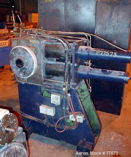 USED: Berstoff twin screw extruder, type ZE90. 28:1 L/D. Side by side.Capacity 1540 lbs (700 kgs) per hour. 3-1/4" diameter screws, barrel107" long. Co-rotating. Screw speed 350 rpm by a 525 hp/350 k...