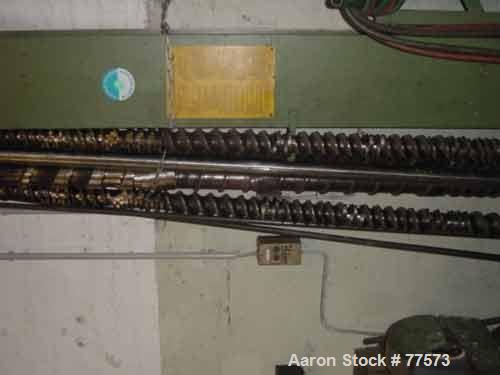 USED: Berstoff twin screw extruder, type ZE90. 28:1 L/D. Side by side.Capacity 1540 lbs (700 kgs) per hour. 3-1/4" diameter screws, barrel107" long. Co-rotating. Screw speed 350 rpm by a 525 hp/350 k...