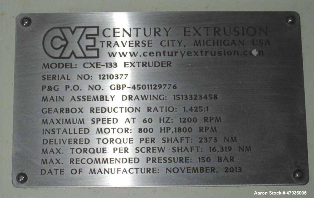 Unused- Century 133MM Co-Rotating Twin-Screw Extruder, Model CXE 133