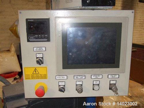 Used Comac EBC24-40D Twin Screw Co-Rotating Extruder. Screw diameter 1" (25 mm), ratio 40 D. Motor 32 hp/24 kW DC with max 1200 rpm screw speed. Vented with vacuum pump, water bath, pelletizer, volum...