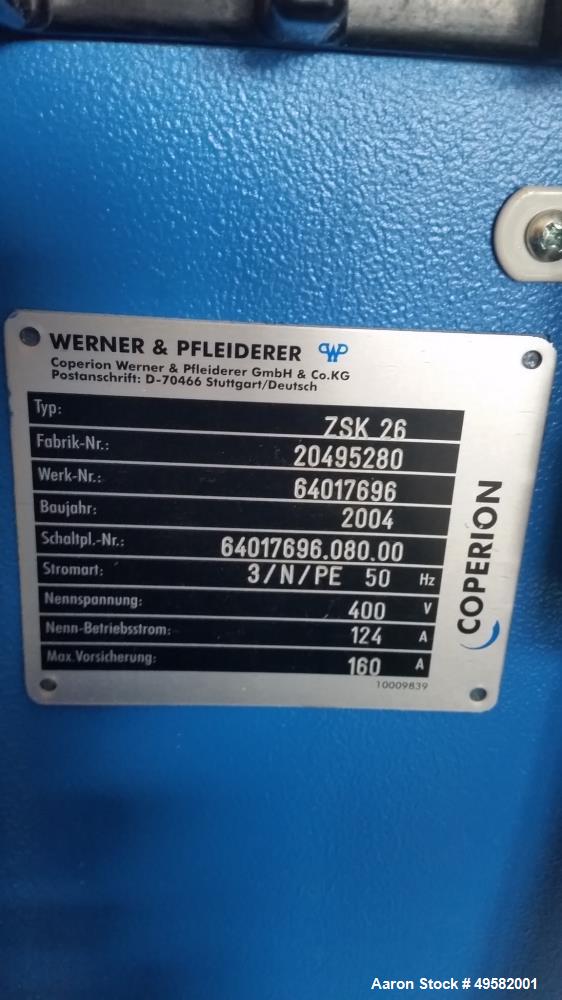 Used- Coperion Werner & Pfleiderer Twin Screw Extruder, Type ZSK 26MC