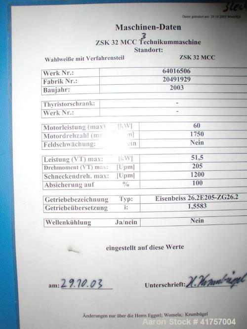 Used Coperion ZSK 32 MCC Twin Screw Extruder.  Screw diameter 1.25" (2x32 mm), L/D 34, maximum capacity (100 kg/h), main motor 81 hp (60 kW), 420V/50 Hz, for PE/PP/PS/ABS, air cooled, screw speed 120...
