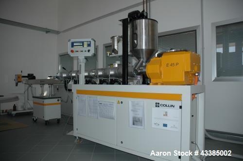 Used Dr. Collin Extrusion Line. Consists of a pilot plant continuous granulation for studies on the process of extrusion of thermoplastic compounds. Single screw extruder E45P 45 mm. Tank cooling, pe...