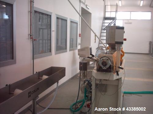 Used Dr. Collin Extrusion Line. Consists of a pilot plant continuous granulation for studies on the process of extrusion of thermoplastic compounds. Single screw extruder E45P 45 mm. Tank cooling, pe...