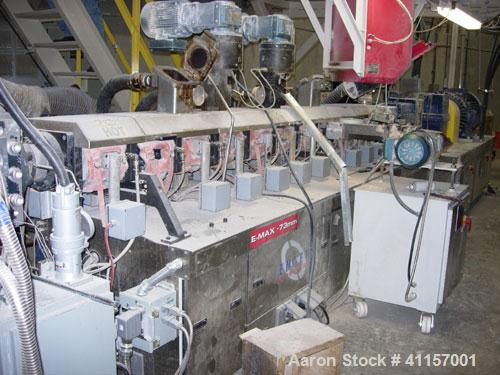 Used ENTEK MODEL EMAX 73MM EXTRUDER HAVING (2) CO-ROTATING INTERMESHING SCREWS. EXTRUDER BARREL CONSISTS OF TWELVE SECTIONS AND IS ELECTRICALLY HEATED AND WATER COOLED (CLOSED LOOP). GEAR BOX IS A HE...