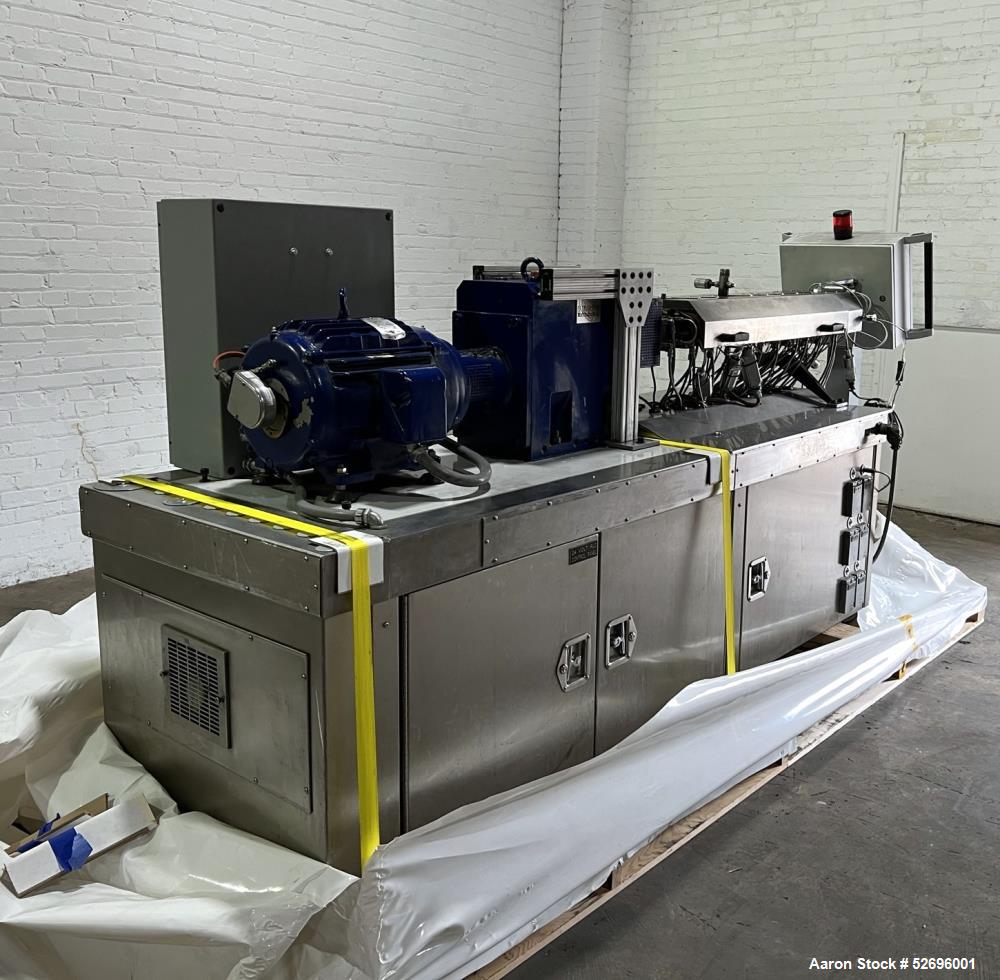 Used Entek 27mm Co-Rotating Twin Screw Extruder, Model E27MM, 48L/D, 44 to 1 L/D ratio, 45 kg/h throughput, parallel screw configuration, (11) Barrel sections electrically heated, water cooled.  Driv...