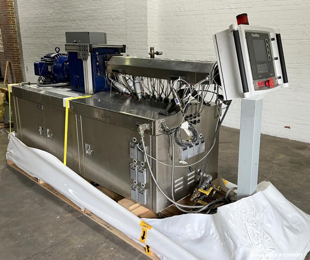 Used Entek 27mm Co-Rotating Twin Screw Extruder, Model E27MM, 48L/D, 44 to 1 L/D ratio, 45 kg/h throughput, parallel screw configuration, (11) Barrel sections electrically heated, water cooled.  Driv...