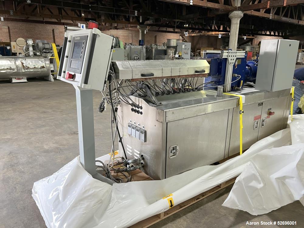 Used Entek 27mm Co-Rotating Twin Screw Extruder, Model E27MM, 48L/D, 44 to 1 L/D ratio, 45 kg/h throughput, parallel screw configuration, (11) Barrel sections electrically heated, water cooled.  Driv...