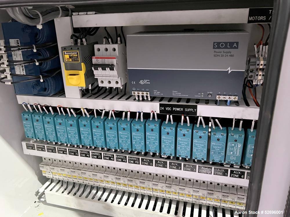 Used Entek 27mm Co-Rotating Twin Screw Extruder, Model E27MM, 48L/D, 44 to 1 L/D ratio, 45 kg/h throughput, parallel screw configuration, (11) Barrel sections electrically heated, water cooled.  Driv...