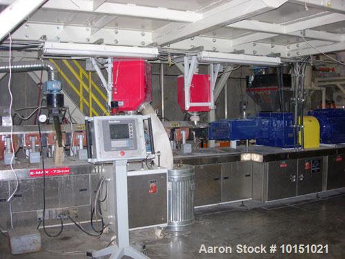 Used Entek Model EX73 Co-Rotating Twin Screw Extruder. Manufactured 2006. 73 mm screw diameter co-rotating intermeshing screws, 48:1 L/D ratio. Gearbox has a ratio of 4.09:1 and is driven by a 300 hp...