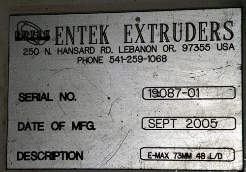 Used Entek 73 mm Co-Rotating Twin Screw Extruder, Model E-MAX 73MM 48L/D, 48 to 1 L/D ratio. (11) Barrel sections electrically heated, water cooled with system including pump, heat exchanger, and hol...