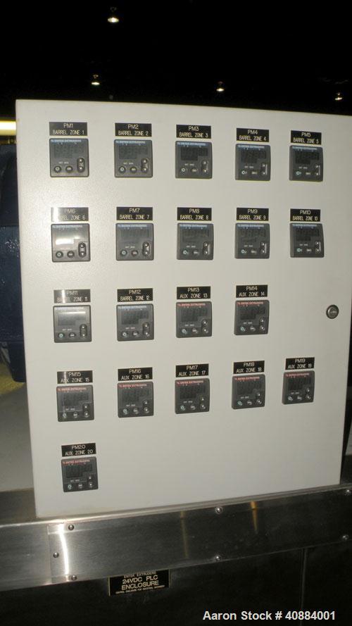 Used Entek 73 mm Co-Rotating Twin Screw Extruder, Model E-MAX 73MM 48L/D, 48 to 1 L/D ratio. (11) Barrel sections electrically heated, water cooled with system including pump, heat exchanger, and hol...