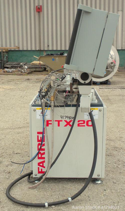 Used Farrel 26 MM Laboratory Twin Screw Extruder, Model FTX20. Co-Rotating inter-meshing side by side screw design, approximately 41’’ long. Nickel-Iron alloy clam shell design barrel, water cooled. ...