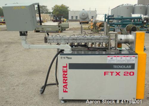 Used Farrel 26 MM Laboratory Twin Screw Extruder, Model FTX20. Co-Rotating inter-meshing side by side screw design, approximately 41’’ long. Nickel-Iron alloy clam shell design barrel, water cooled. ...