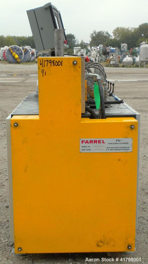 Used Farrel 26 MM Laboratory Twin Screw Extruder, Model FTX20. Co-Rotating inter-meshing side by side screw design, approximately 41’’ long. Nickel-Iron alloy clam shell design barrel, water cooled. ...