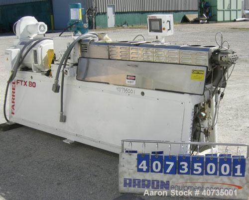 Used Farrel 37mm Co-Rotating Twin Screw Extruder, Model FTX80H. Co-rotating screw design. Approximately 40 to 1 L/D ratio. 9 barrel segments, 1 feed section, no hopper. Electrically heated, water coo...