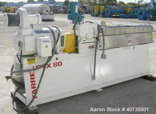 Used Farrel 37mm Co-Rotating Twin Screw Extruder, Model FTX80H. Co-rotating screw design. Approximately 40 to 1 L/D ratio. 9 barrel segments, 1 feed section, no hopper. Electrically heated, water coo...