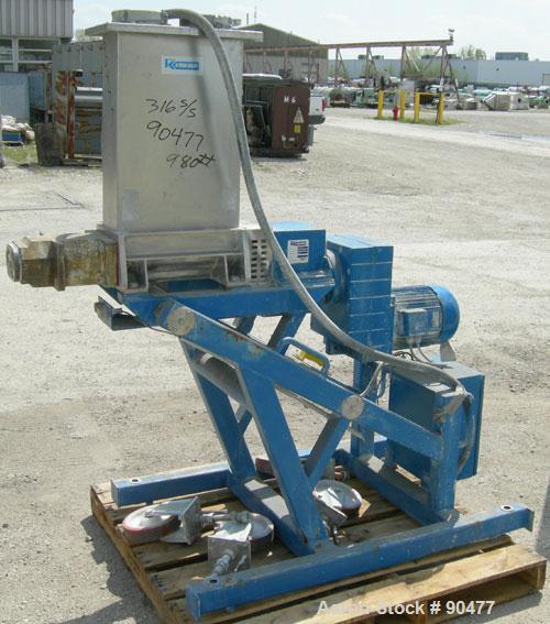 USED: K-tron twin screw side feeder, 80 mm, type K-T80-SF. Includes hopper. Driven by a 4kw (5.3 hp), 3/50/380/480 volt, 1440/1740 rpm geaarmotor, ratio 11.18 to 1. mounted on a carbon steel frame wi...