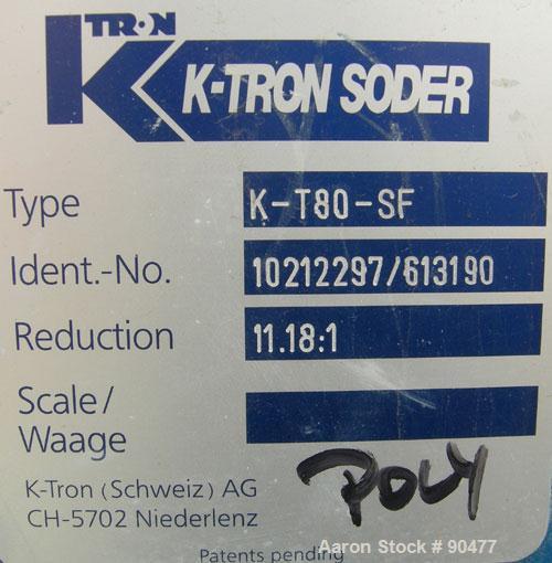 USED: K-tron twin screw side feeder, 80 mm, type K-T80-SF. Includes hopper. Driven by a 4kw (5.3 hp), 3/50/380/480 volt, 1440/1740 rpm geaarmotor, ratio 11.18 to 1. mounted on a carbon steel frame wi...