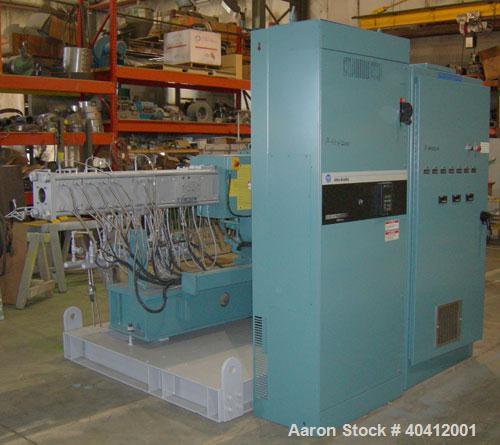 Used Krupp-Werner and Pfleiderer Mega-Compounder twin screw extruder, model ZSK-50MC. 50mm screw diameter. Co-rotating screw design. 6 barrel segments, 2 vented; 1 feed section, no hopper. Electrical...