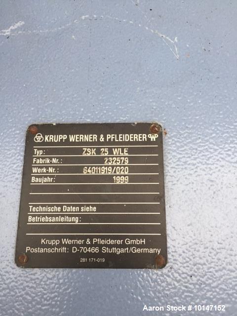 Used- Krupp Werner & Pfleiderer, Type ZSK 25 WLE. 25 mm diameter screws. 28:1 L/D. Electrically heated, water cooled barrel ...