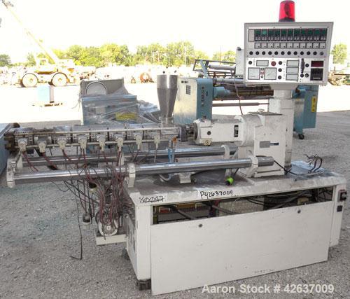 Used Leistritz 34 mm Co-Rotating Twin Screw Extruder, Model LSM 30.34 GL/9R. Approximately 40 to 1 L/D ratio. Electrically heated, air cooled 8 barrel zones, 1 vented, 1 water cooled feed zone with h...
