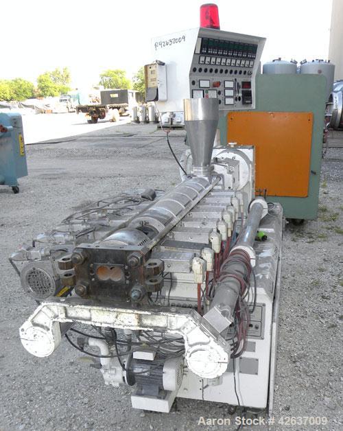 Used Leistritz 34 mm Co-Rotating Twin Screw Extruder, Model LSM 30.34 GL/9R. Approximately 40 to 1 L/D ratio. Electrically heated, air cooled 8 barrel zones, 1 vented, 1 water cooled feed zone with h...