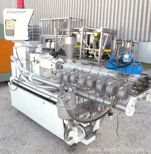 Used Leistritz 34 mm Co-Rotating Twin Screw Extruder, Model LSM 30.34 GL/9R. Approximately 40 to 1 L/D ratio. Electrically heated, air cooled 8 barrel zones, 1 vented, 1 water cooled feed zone with h...