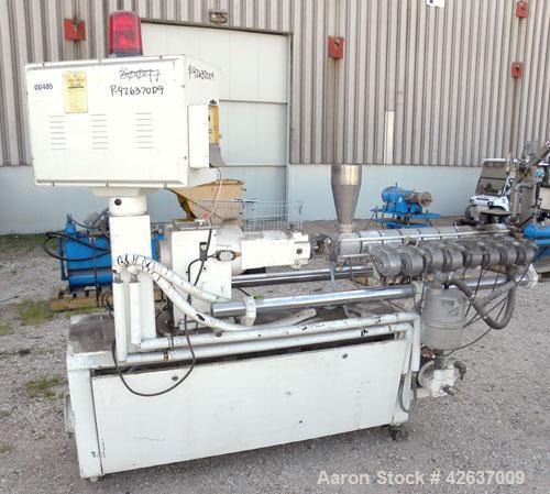 Used Leistritz 34 mm Co-Rotating Twin Screw Extruder, Model LSM 30.34 GL/9R. Approximately 40 to 1 L/D ratio. Electrically heated, air cooled 8 barrel zones, 1 vented, 1 water cooled feed zone with h...