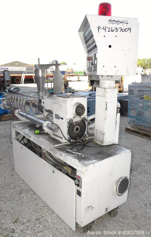 Used Leistritz 34 mm Co-Rotating Twin Screw Extruder, Model LSM 30.34 GL/9R. Approximately 40 to 1 L/D ratio. Electrically heated, air cooled 8 barrel zones, 1 vented, 1 water cooled feed zone with h...