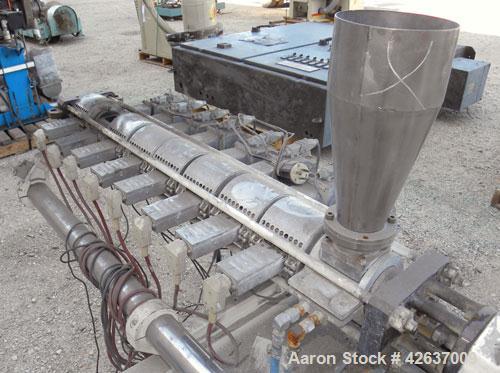 Used Leistritz 34 mm Co-Rotating Twin Screw Extruder, Model LSM 30.34 GL/9R. Approximately 40 to 1 L/D ratio. Electrically heated, air cooled 8 barrel zones, 1 vented, 1 water cooled feed zone with h...