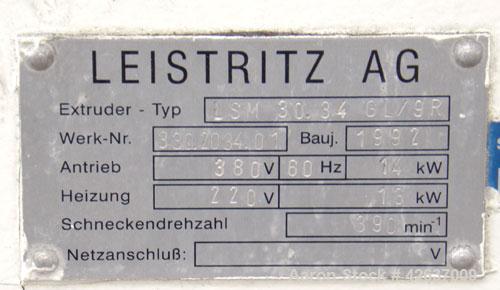Used Leistritz 34 mm Co-Rotating Twin Screw Extruder, Model LSM 30.34 GL/9R. Approximately 40 to 1 L/D ratio. Electrically heated, air cooled 8 barrel zones, 1 vented, 1 water cooled feed zone with h...