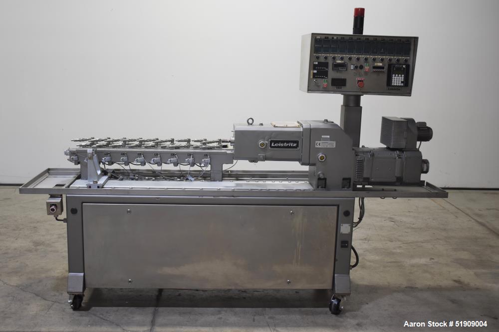 Used Leistritz Twin Screw Extruder, Model MIC 27/GG-40D. Throughput rates approximate 10 to 80 lbs/hr. 40:1 L/D. (2) Screws approximate 27mm (1") diameter x 48" long, Co-rotating. Electrically heated...