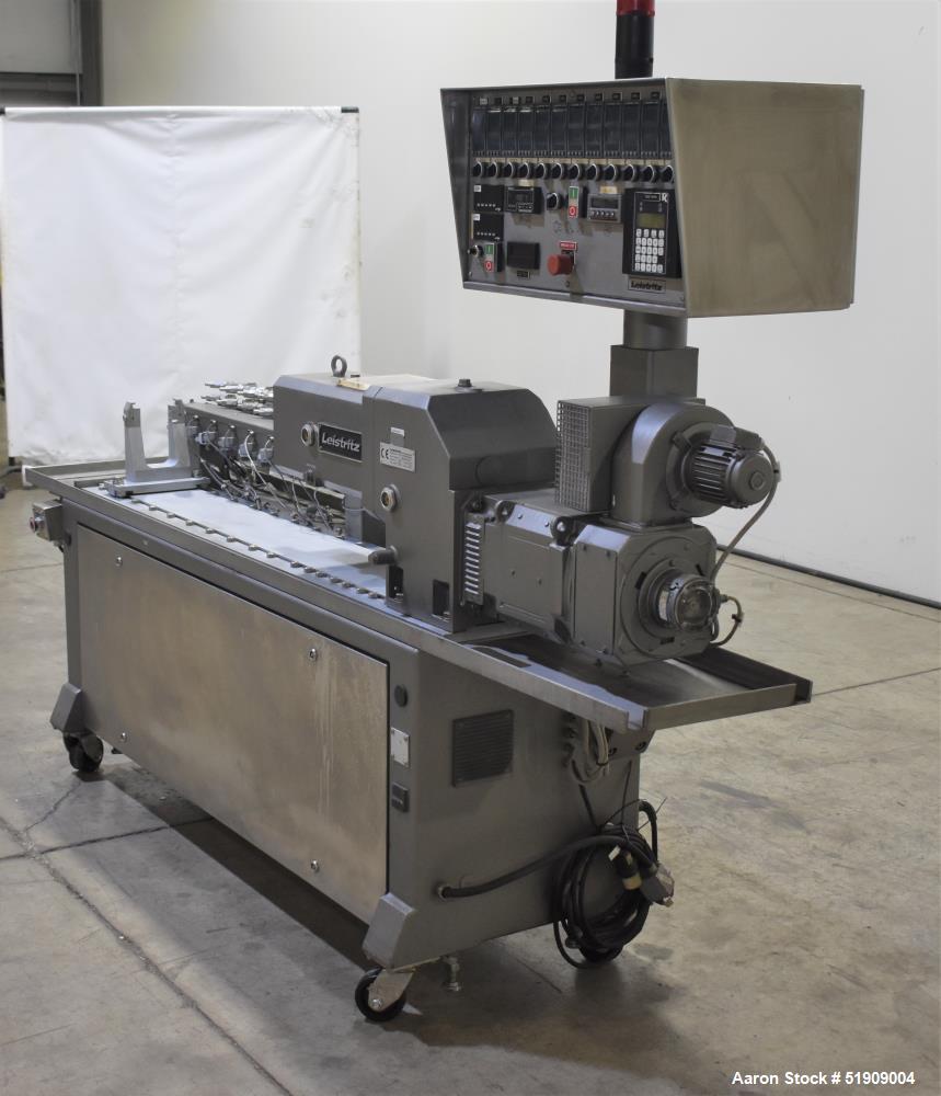 Used Leistritz Twin Screw Extruder, Model MIC 27/GG-40D. Throughput rates approximate 10 to 80 lbs/hr. 40:1 L/D. (2) Screws approximate 27mm (1") diameter x 48" long, Co-rotating. Electrically heated...