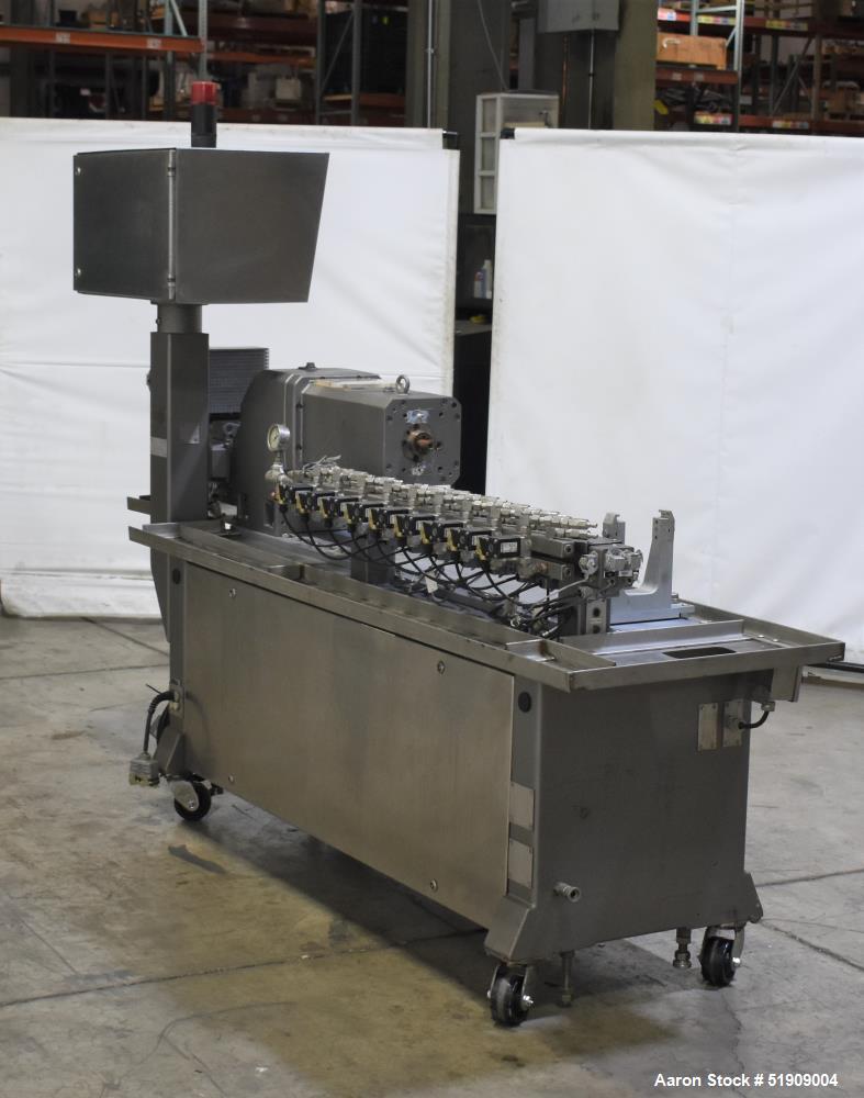 Used Leistritz Twin Screw Extruder, Model MIC 27/GG-40D. Throughput rates approximate 10 to 80 lbs/hr. 40:1 L/D. (2) Screws approximate 27mm (1") diameter x 48" long, Co-rotating. Electrically heated...