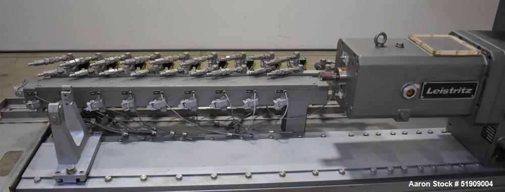 Used Leistritz Twin Screw Extruder, Model MIC 27/GG-40D. Throughput rates approximate 10 to 80 lbs/hr. 40:1 L/D. (2) Screws approximate 27mm (1") diameter x 48" long, Co-rotating. Electrically heated...